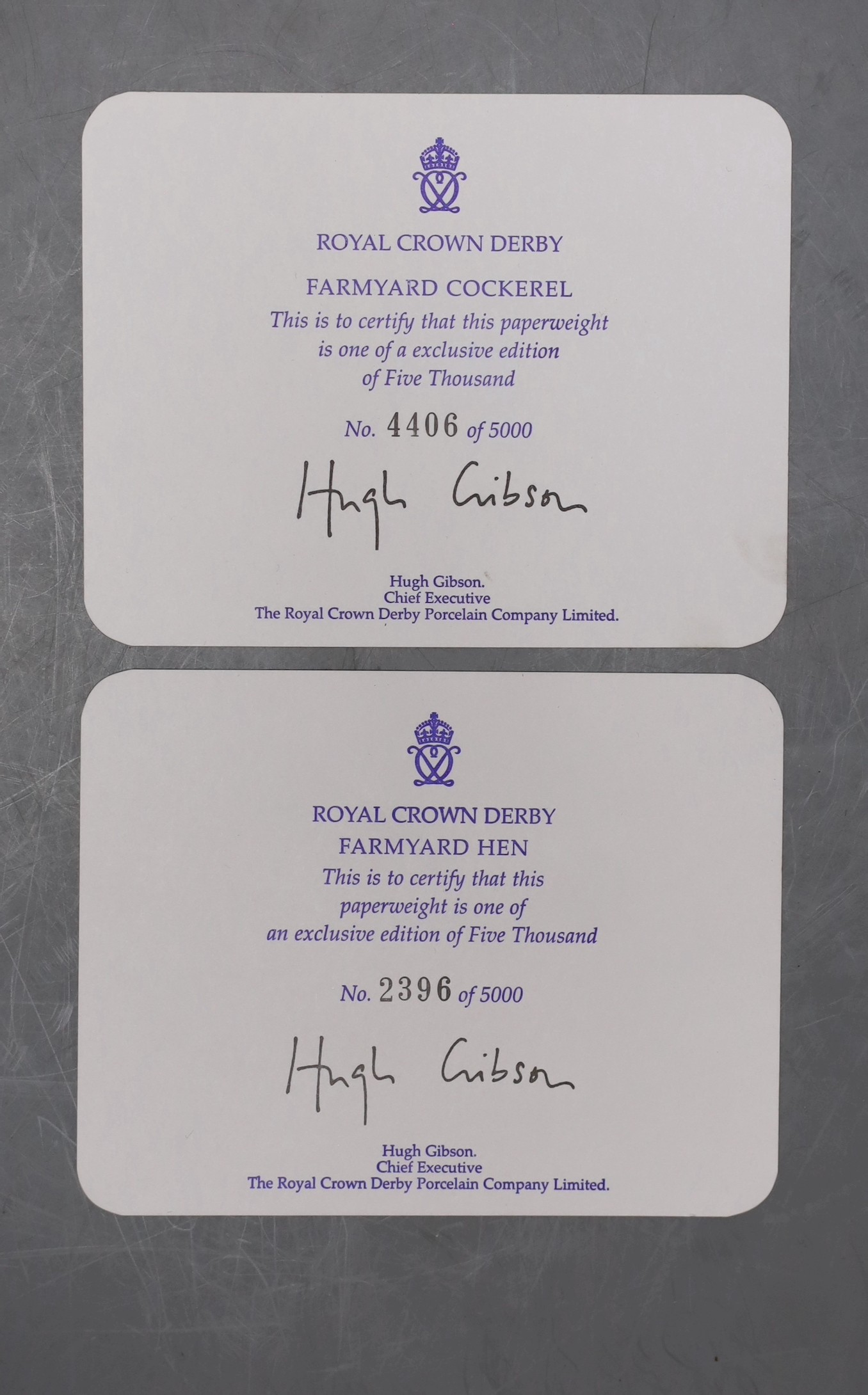 Two Royal Crown Derby paperweights - Farmyard Cockerel, gold stopper, boxed with certificate and Farmyard Hen, gold stopper, boxed with certificate